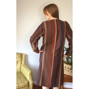 VTG Brown Retro Stripe Button Zip Wool Shift Dress